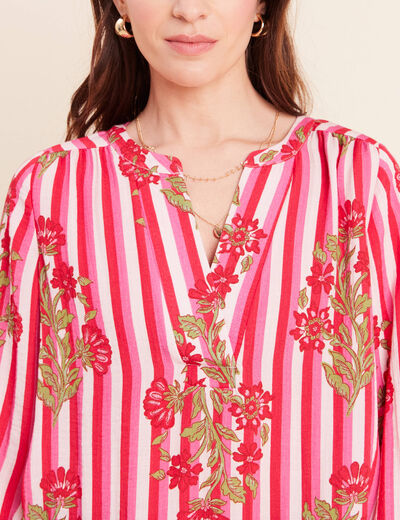 Blouse ample col v manches longues rose femme