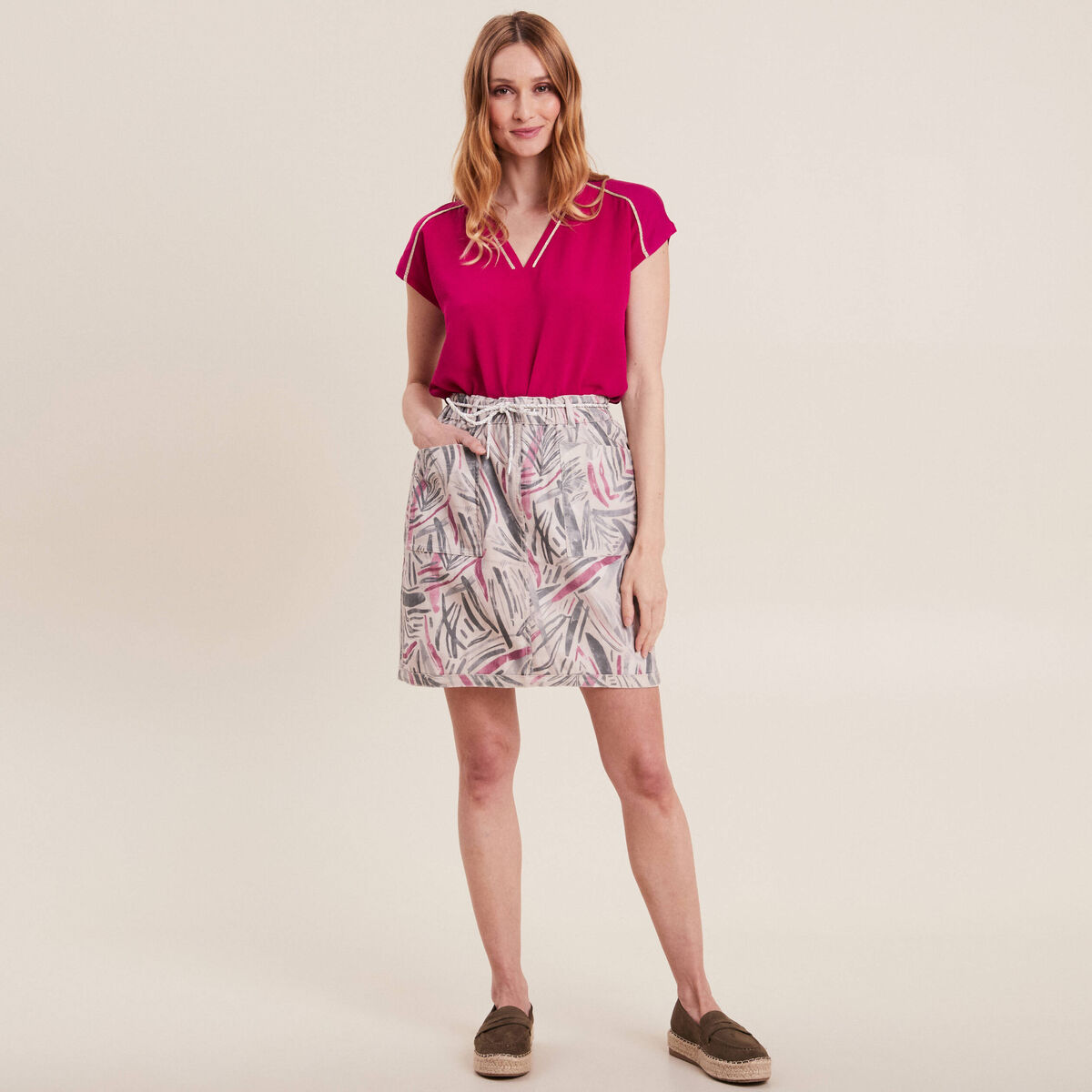 Jupe droite r&eacute;versible 2 poches beige femme