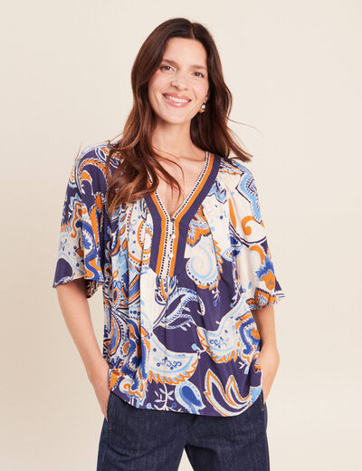 Blouse ample col v manches 3/4 bleu femme