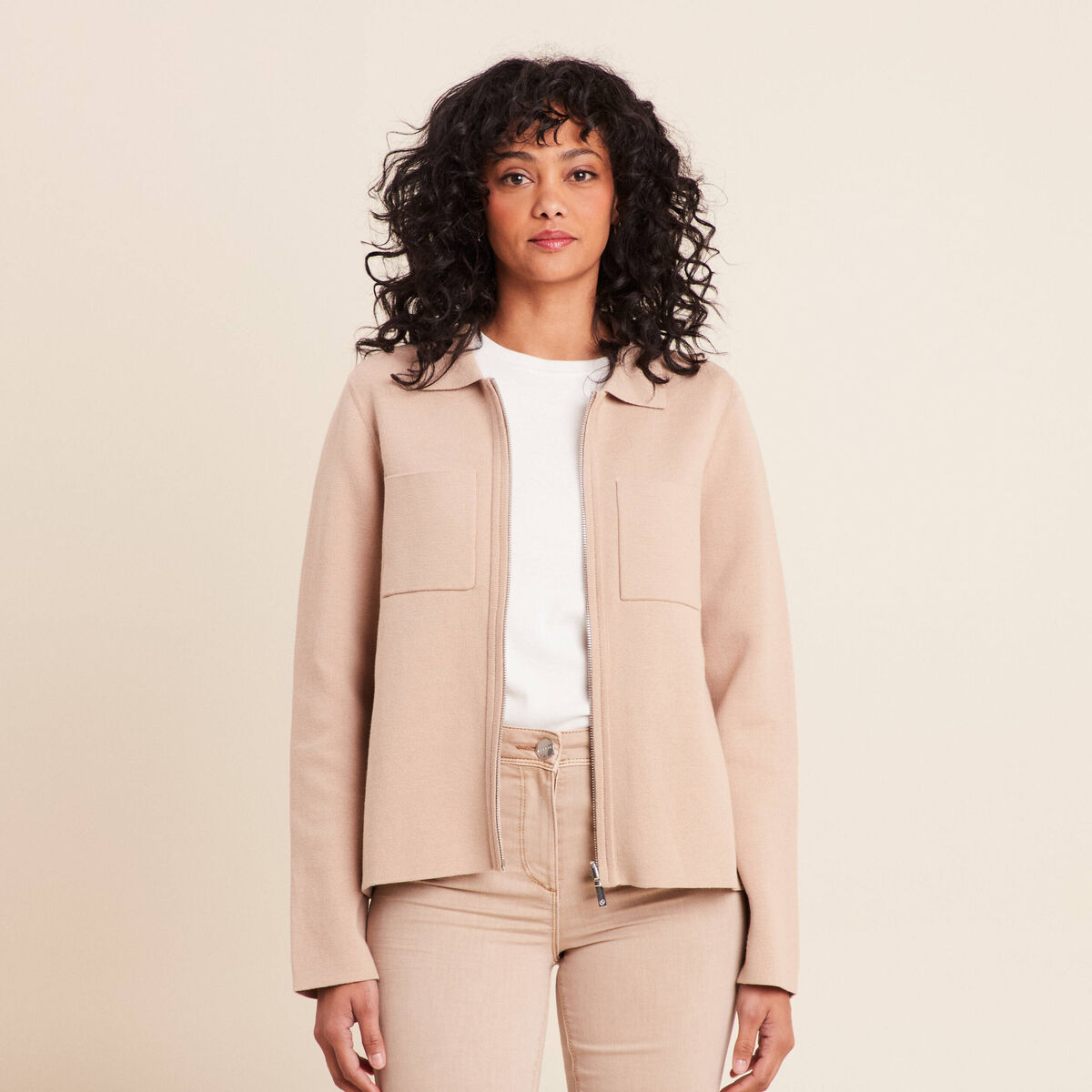 Gilet r&eacute;versible manches longues beige femme
