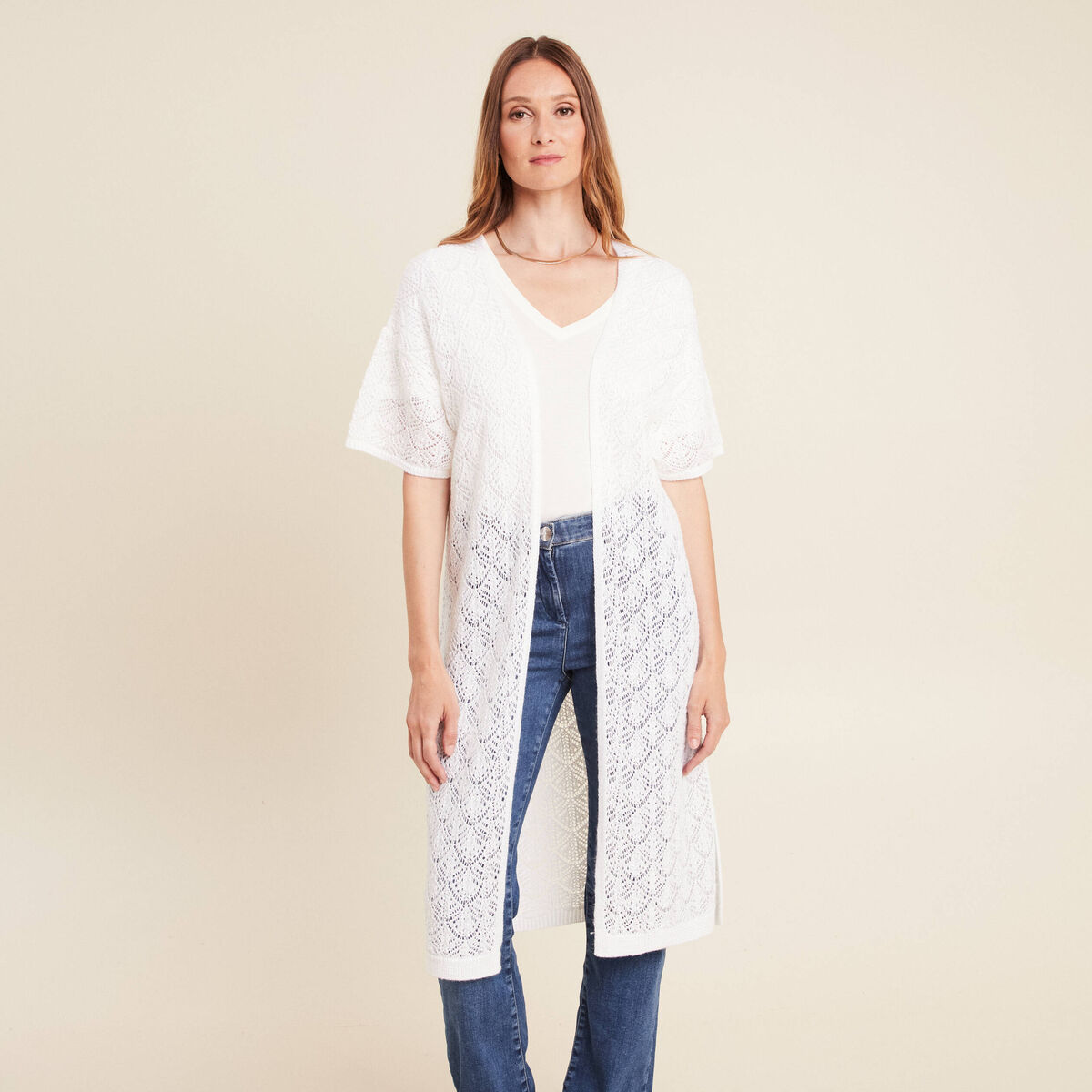 Gilet long manches courtes blanc femme