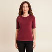 T-shirt ajust&eacute; col rond manches coudes bordeaux femme