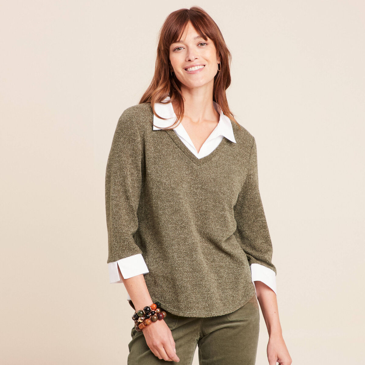 T-shirt col chemise manches 3/4 vert kaki femme