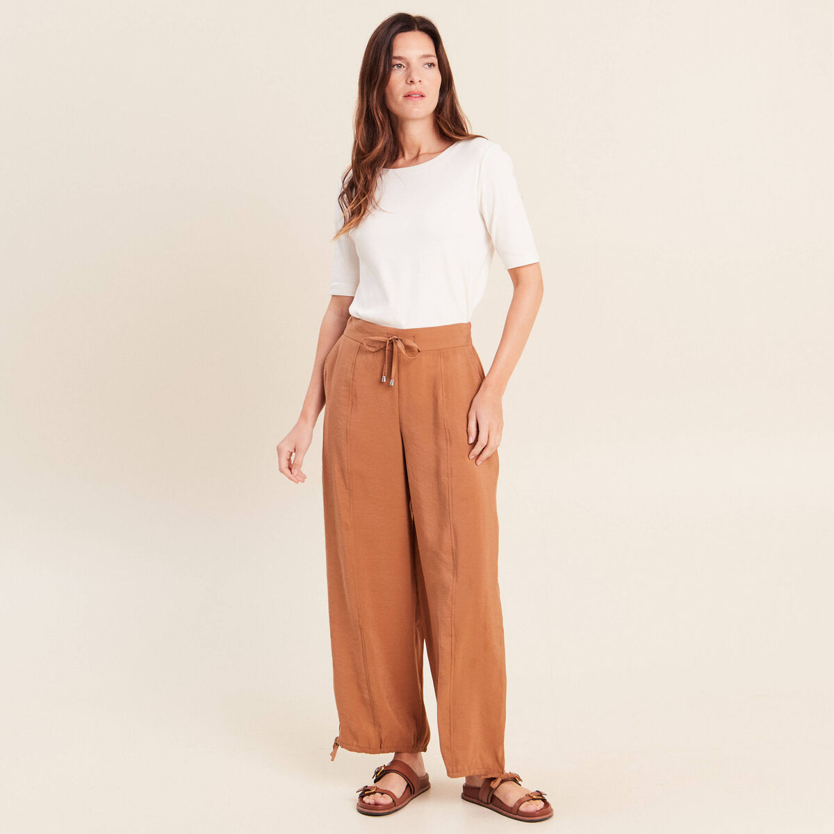 Pantalon taille haute 7/8&egrave;me resserr&eacute; beige femme