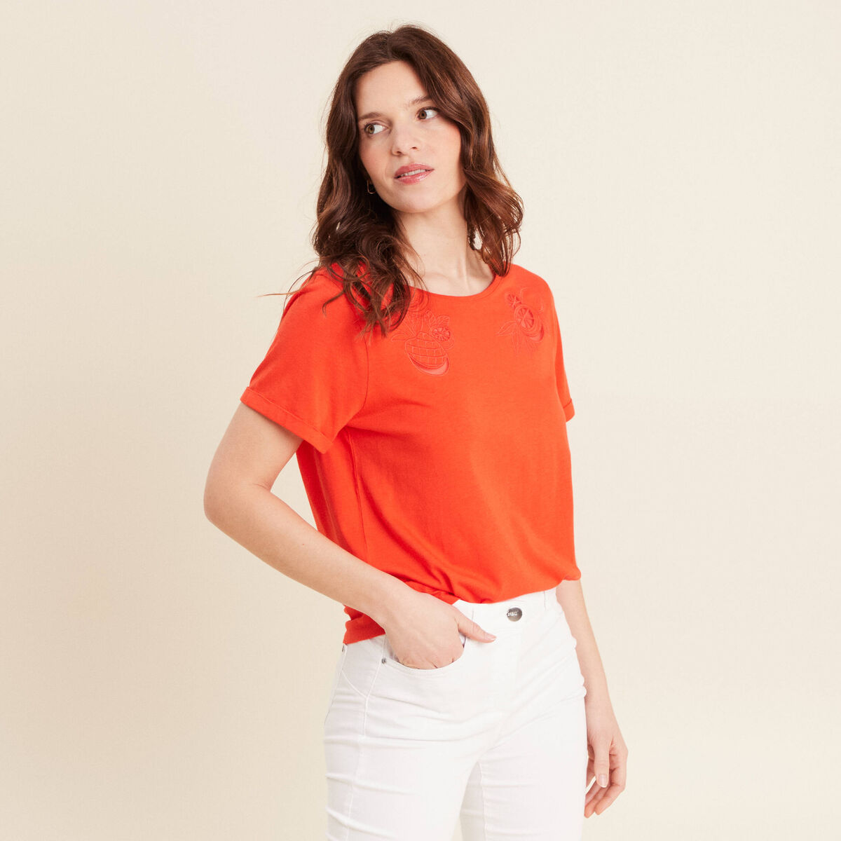T-shirt manches courtes brod&eacute; orange fonc&eacute; femme