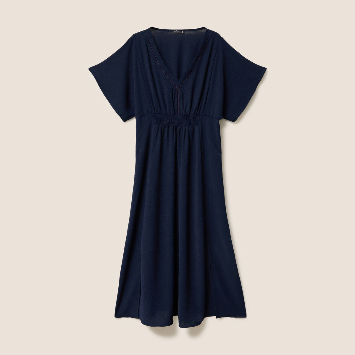 Robe longue &eacute;vas&eacute;e col v manches coudes bleu marine femme