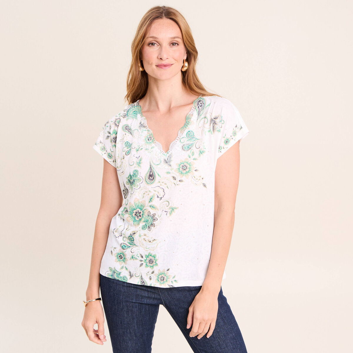 T-shirt col V ecru femme