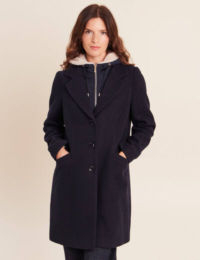 Manteau ajust&eacute; capuche amovible bleu fonc&eacute; femme