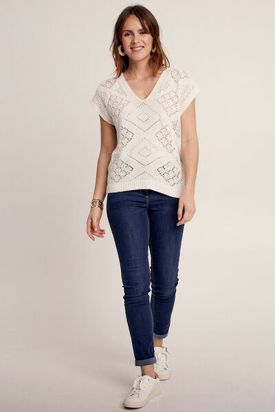 Pull manches courtes ajouré ecru femme