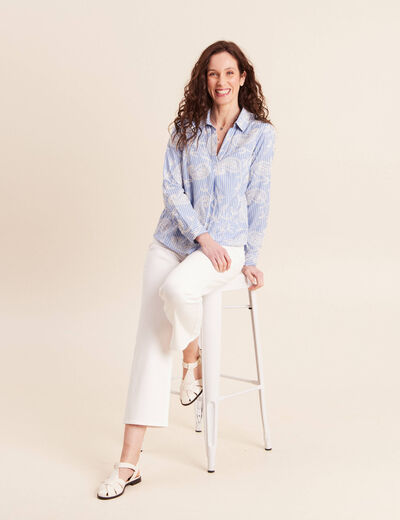 Blouse ample manches longues brod&eacute;e bleu ciel femme