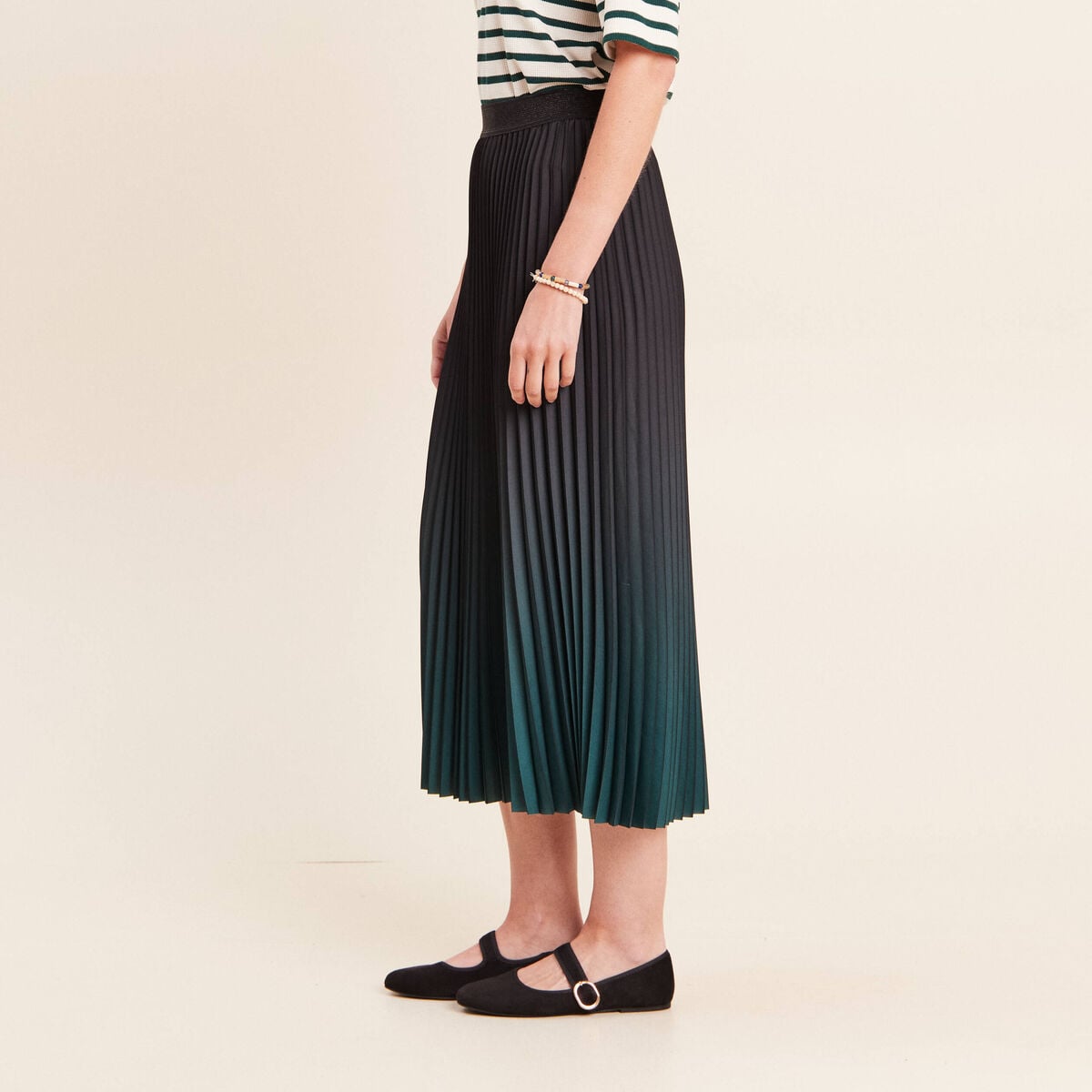 Jupe midi patineuse pliss&eacute;e vert fonc&eacute; femme