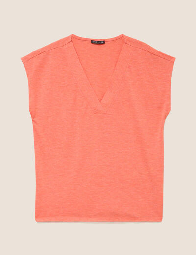 T-shirt col v manches courtes orange fluo femme