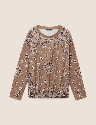 Pull col rond manches longues strass marron femme