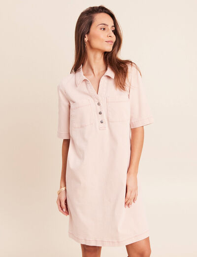 Robe courte droite en jean col chemise rose femme