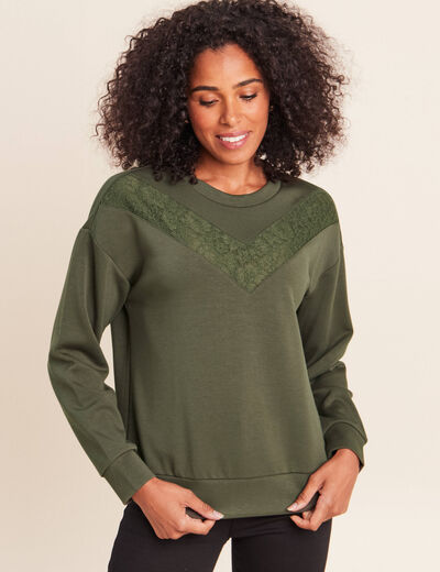 Sweat manches longues d&eacute;tail dentelle vert kaki femme