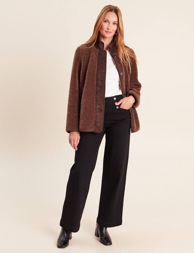 Manteau manches longues col montant marron fonc&eacute; femme