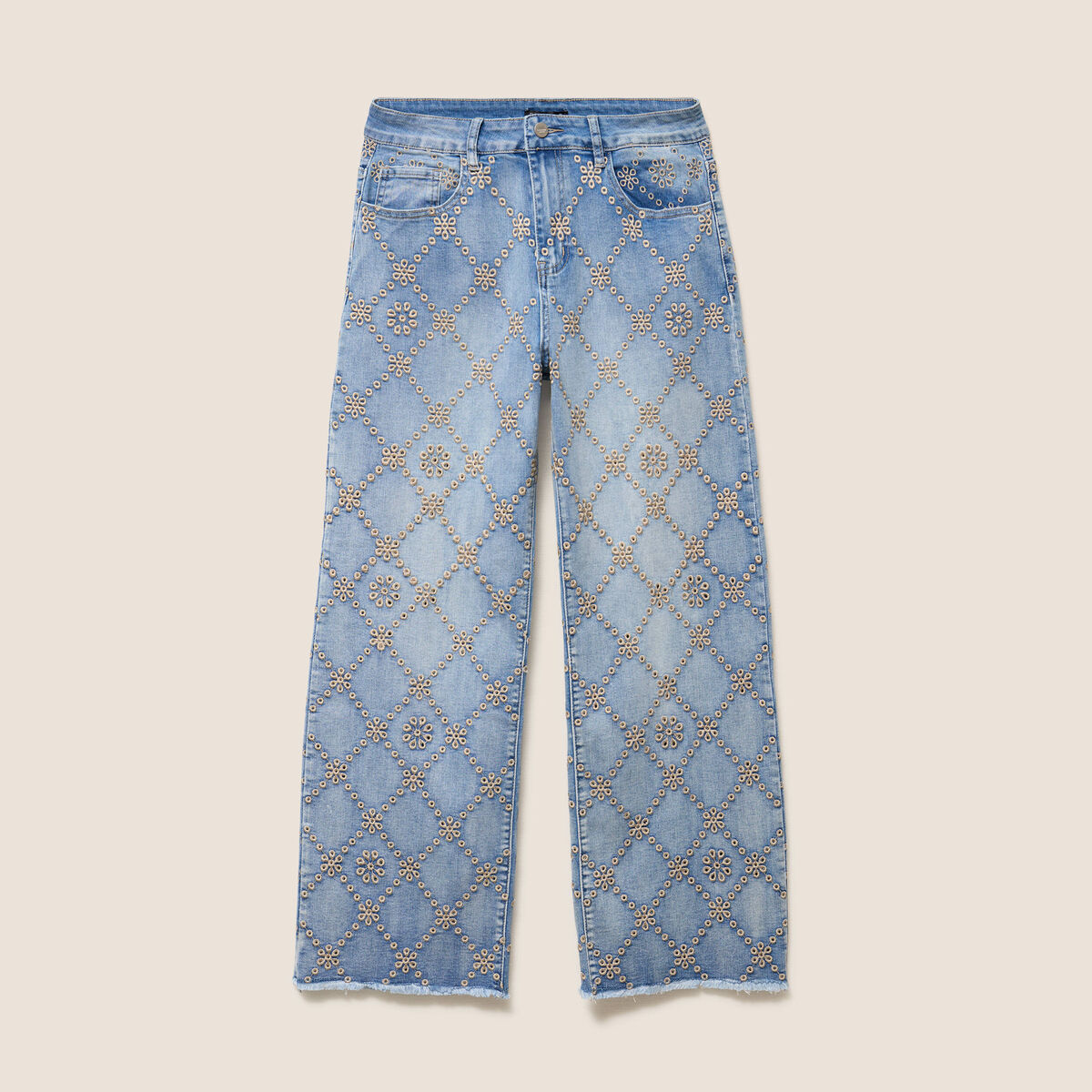 Jean taille haute avec broderie blanc femme