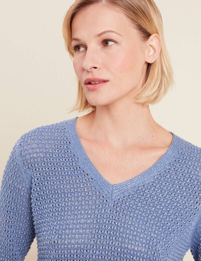 Pull manches longues col en V bleu ciel femme