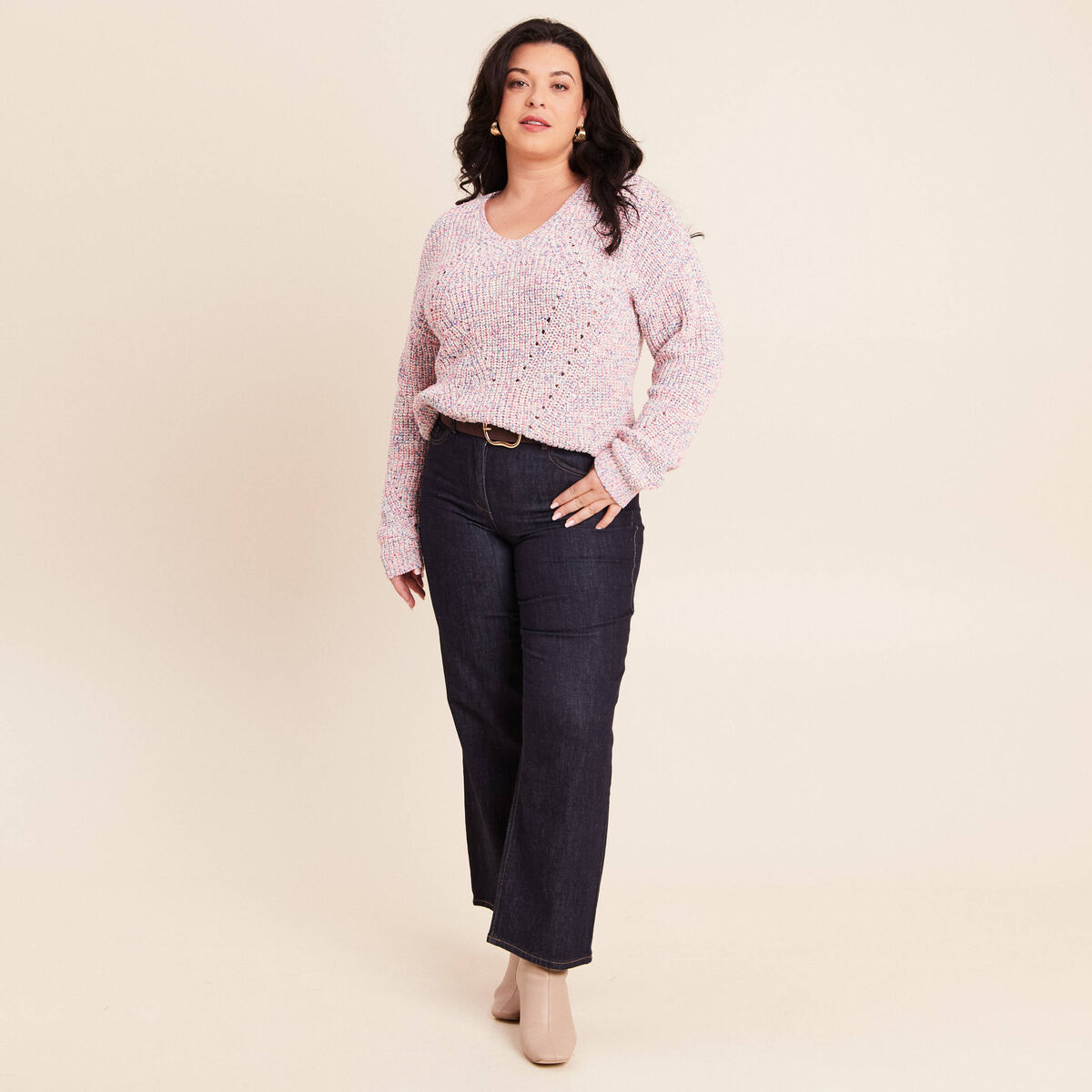 Pull droit long col v manches longues rose fushia femme