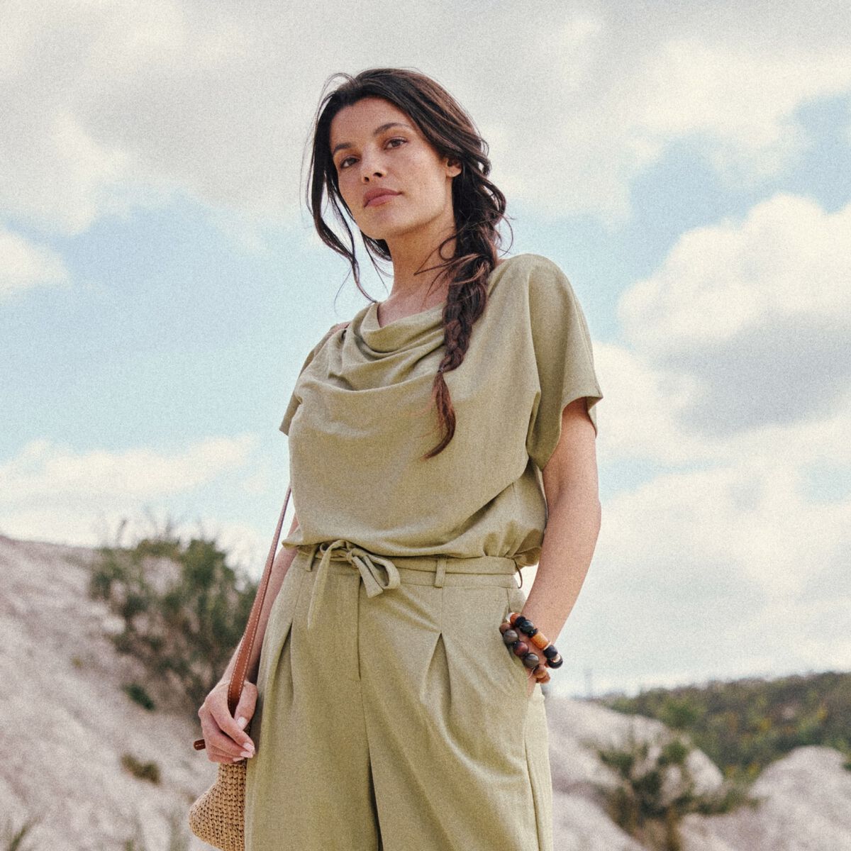 T-shirt manches courtes vert olive femme