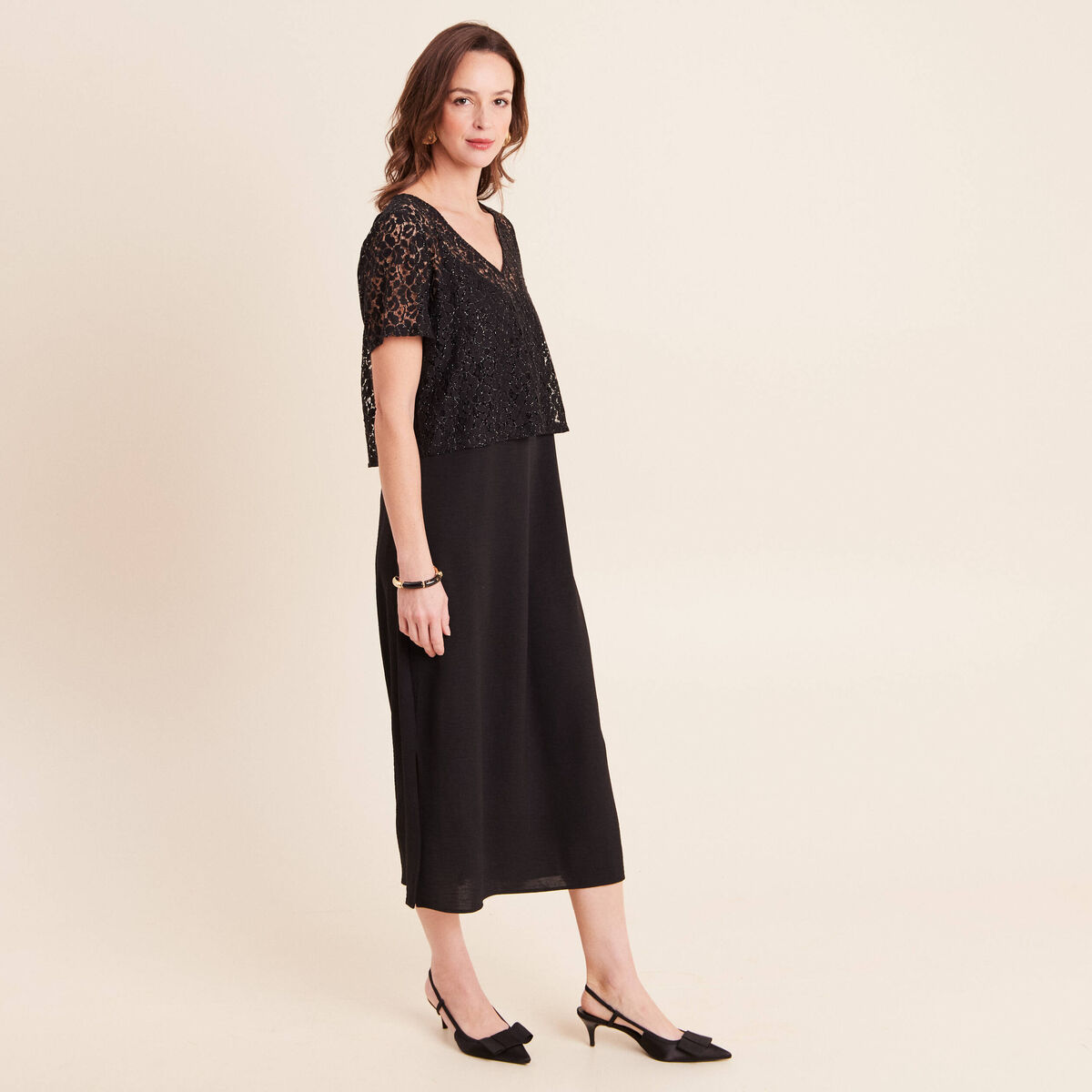 Robe longue &eacute;vas&eacute;e 2 en 1 col rond noir femme