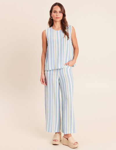 Pantalon large 7/8&egrave;me taille haute bleu femme