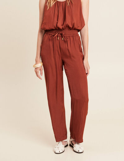 Pantalon large taille haute marron foncé femme