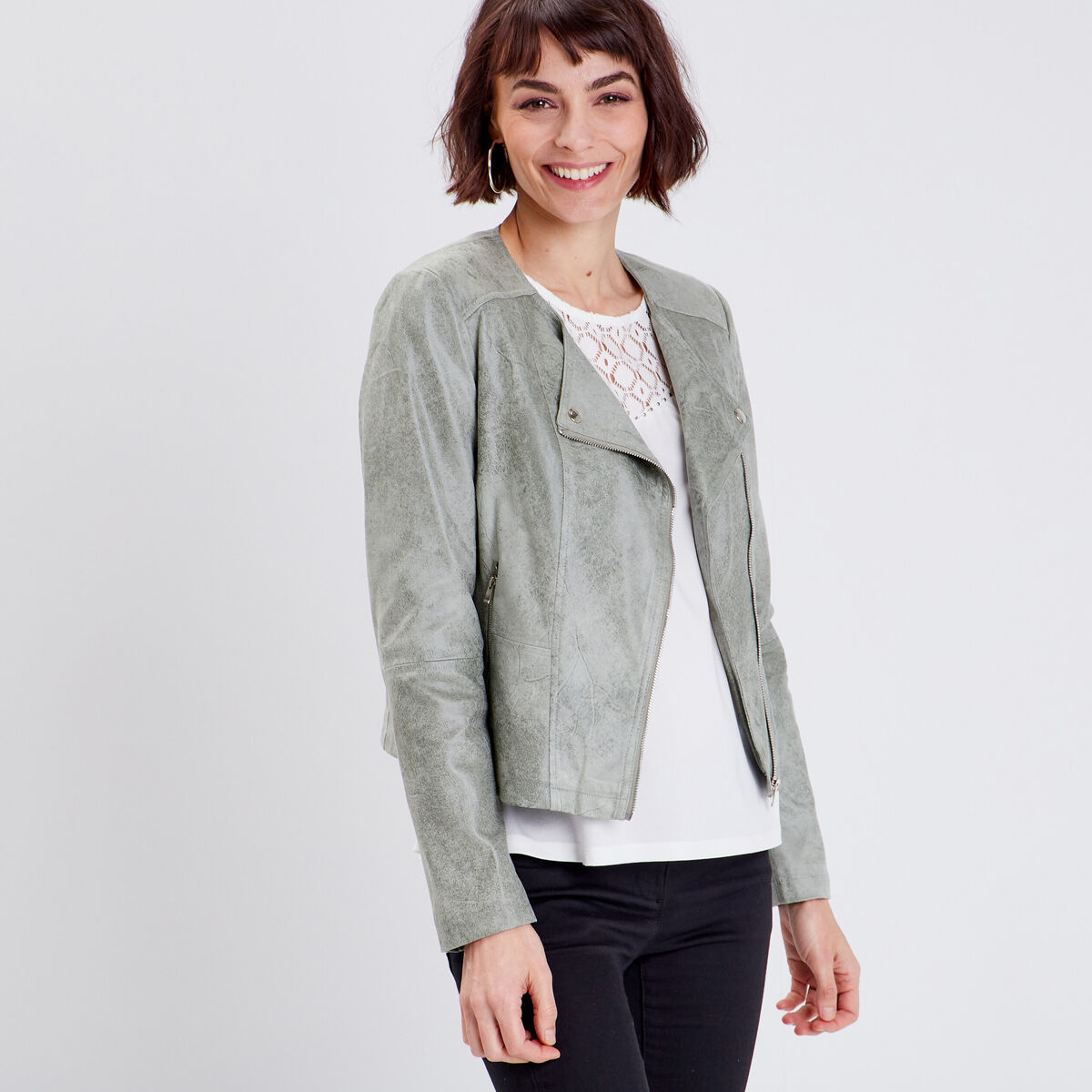 Veste droite zippée vert clair femme