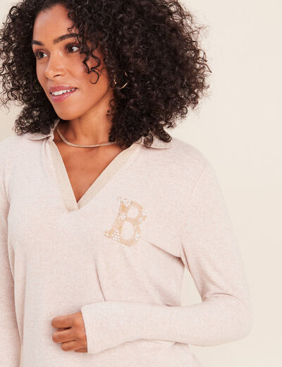 Polo manches longues col chemise brod&eacute; creme femme