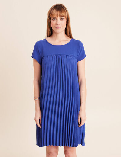 Robe courte &eacute;vas&eacute;e pliss&eacute;e col rond bleu fonc&eacute; femme