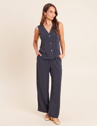 Gilet droit court sans manches col V bleu fonc&eacute; femme