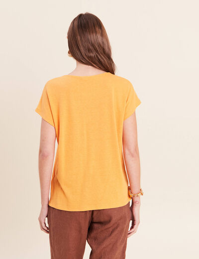 T-shirt col v manches courtes aspect lin orange clair femme