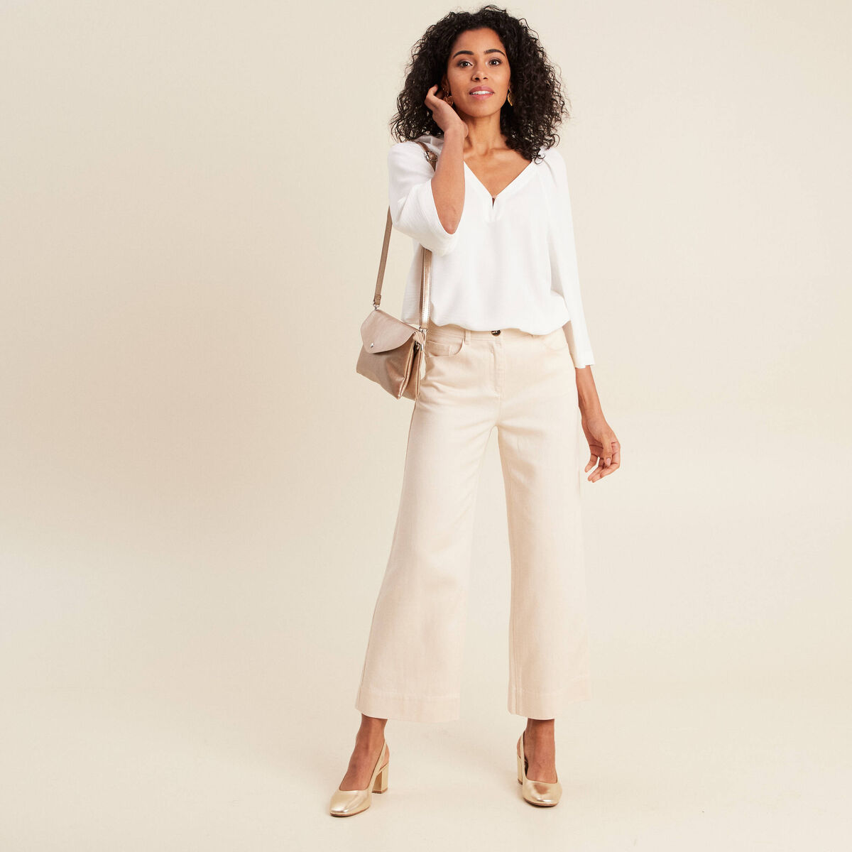 Pantalon large 7/8&egrave;me ivoire femme