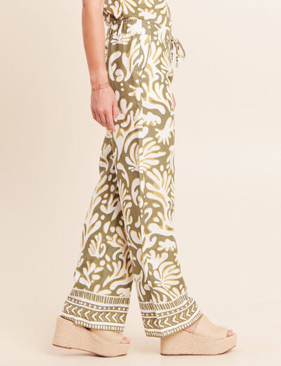Pantalon large taille haute aspect lin vert femme