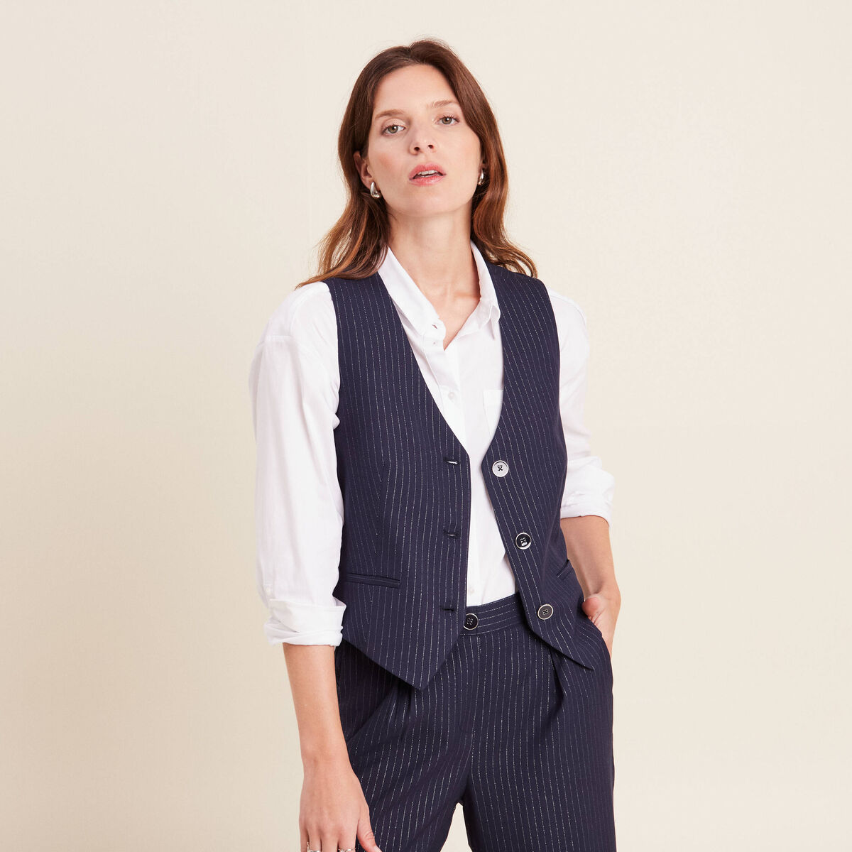 Gilet barman sans manches bleu fonc&eacute; femme