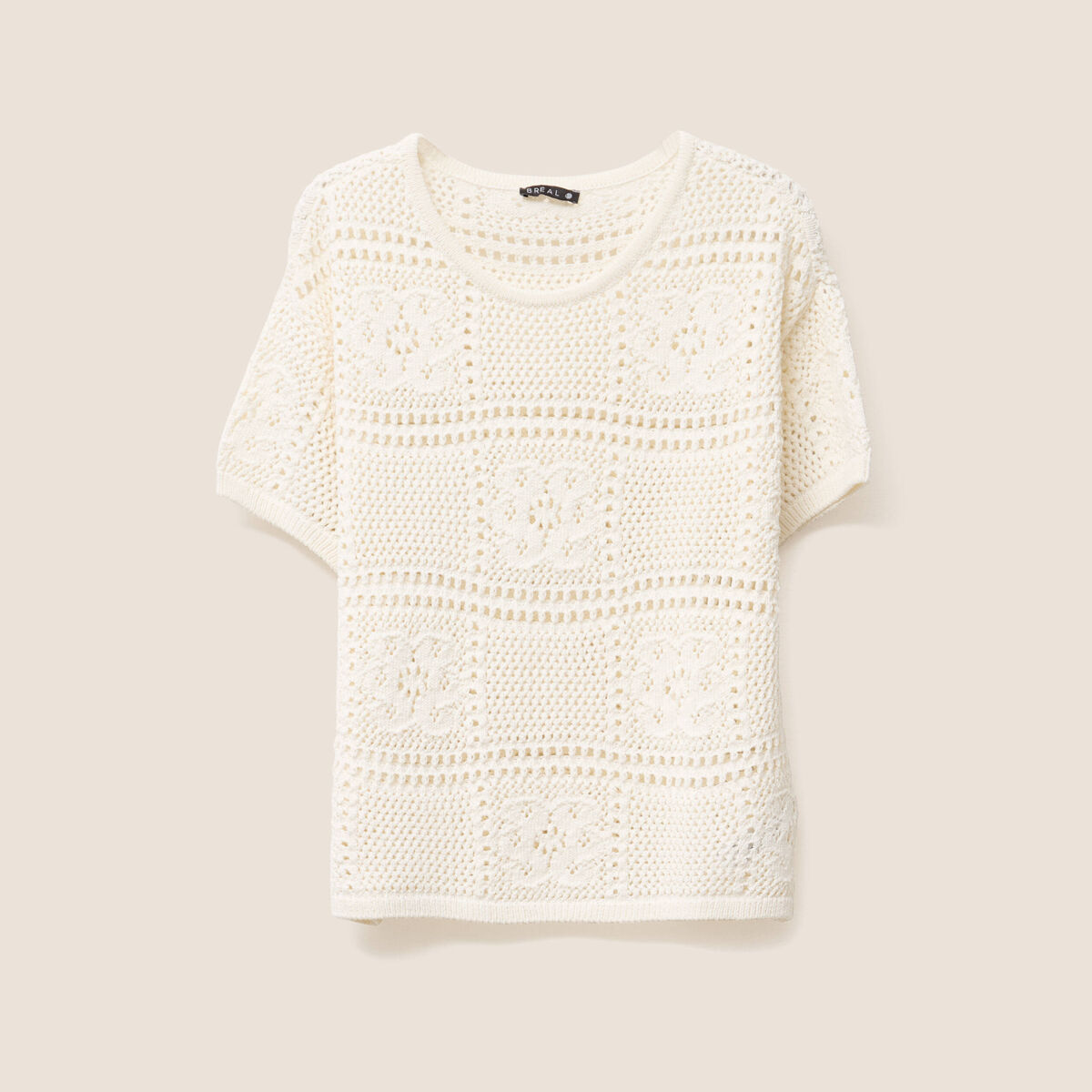 Pull court col rond manches courtes ecru femme