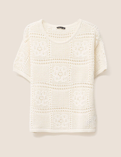 Pull court col rond manches courtes ecru femme