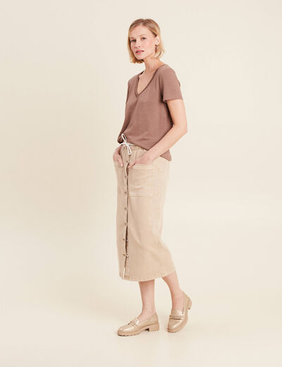 T-shirt manches courtes col en V marron cognac femme