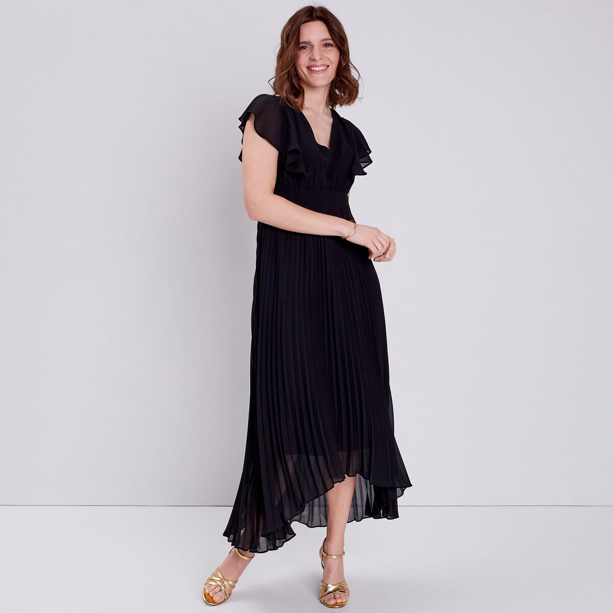 Robe longue &eacute;vas&eacute;e &agrave; volants noir femme