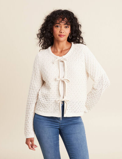 Gilet droit mi-long col V ecru femme