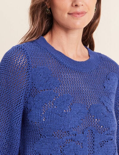 Pull ajour&eacute; col rond manches longues bleu fonc&eacute; femme