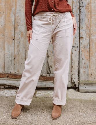 Pantalon taille haute coupe droite denim beige femme