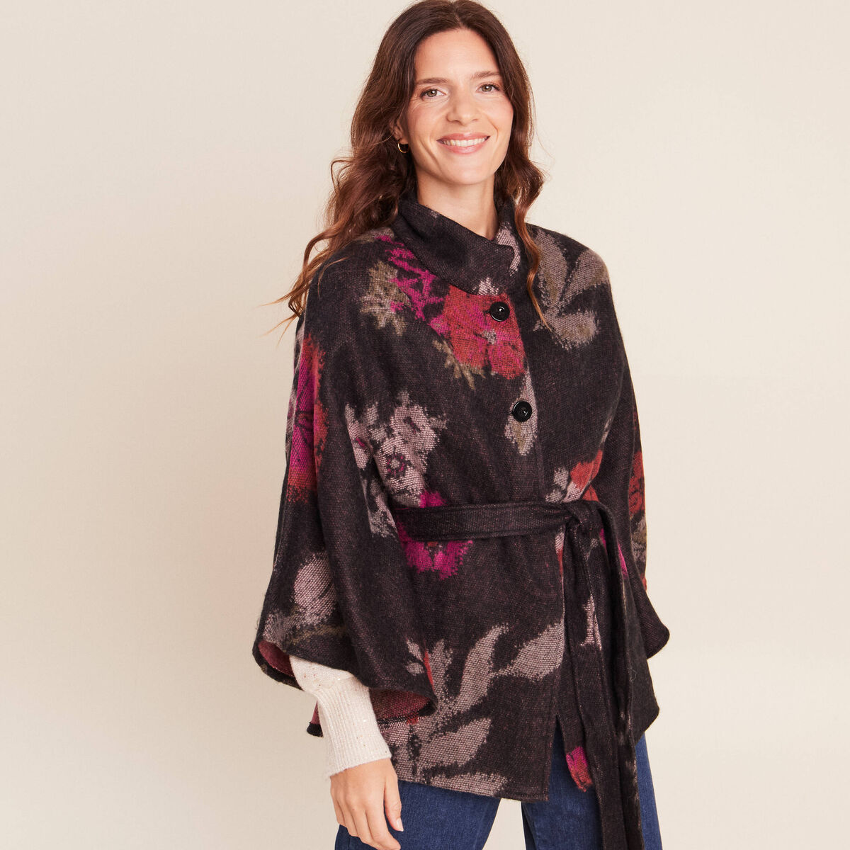 Poncho ceintur&eacute; jacquard multicolore femme