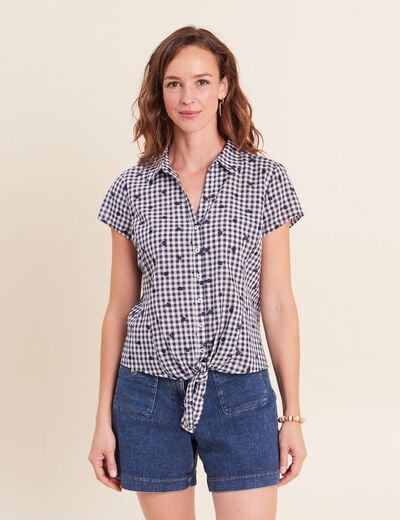 Chemise cintr&eacute;e col v manches courtes bleu femme