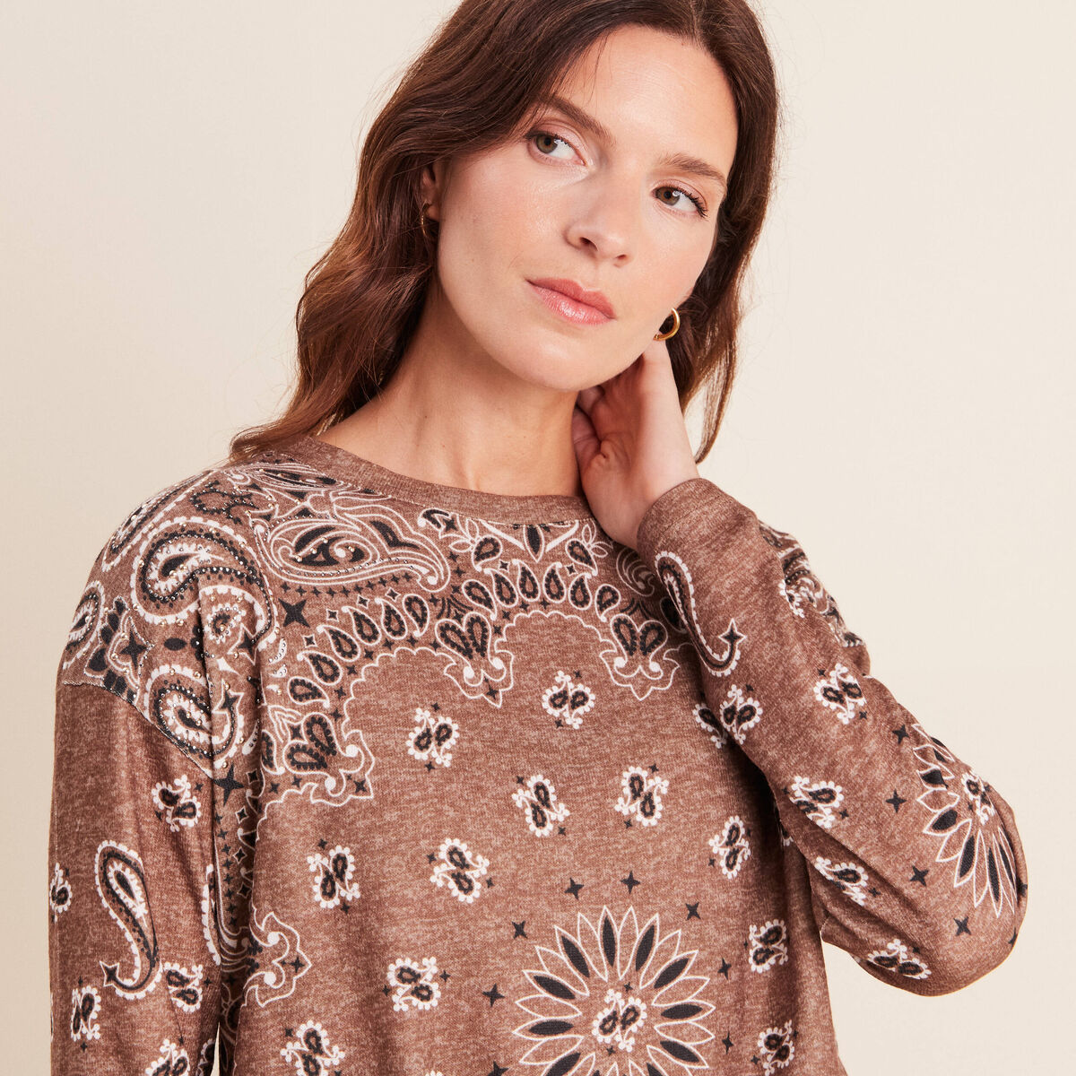Pull col rond manches longues strass marron femme