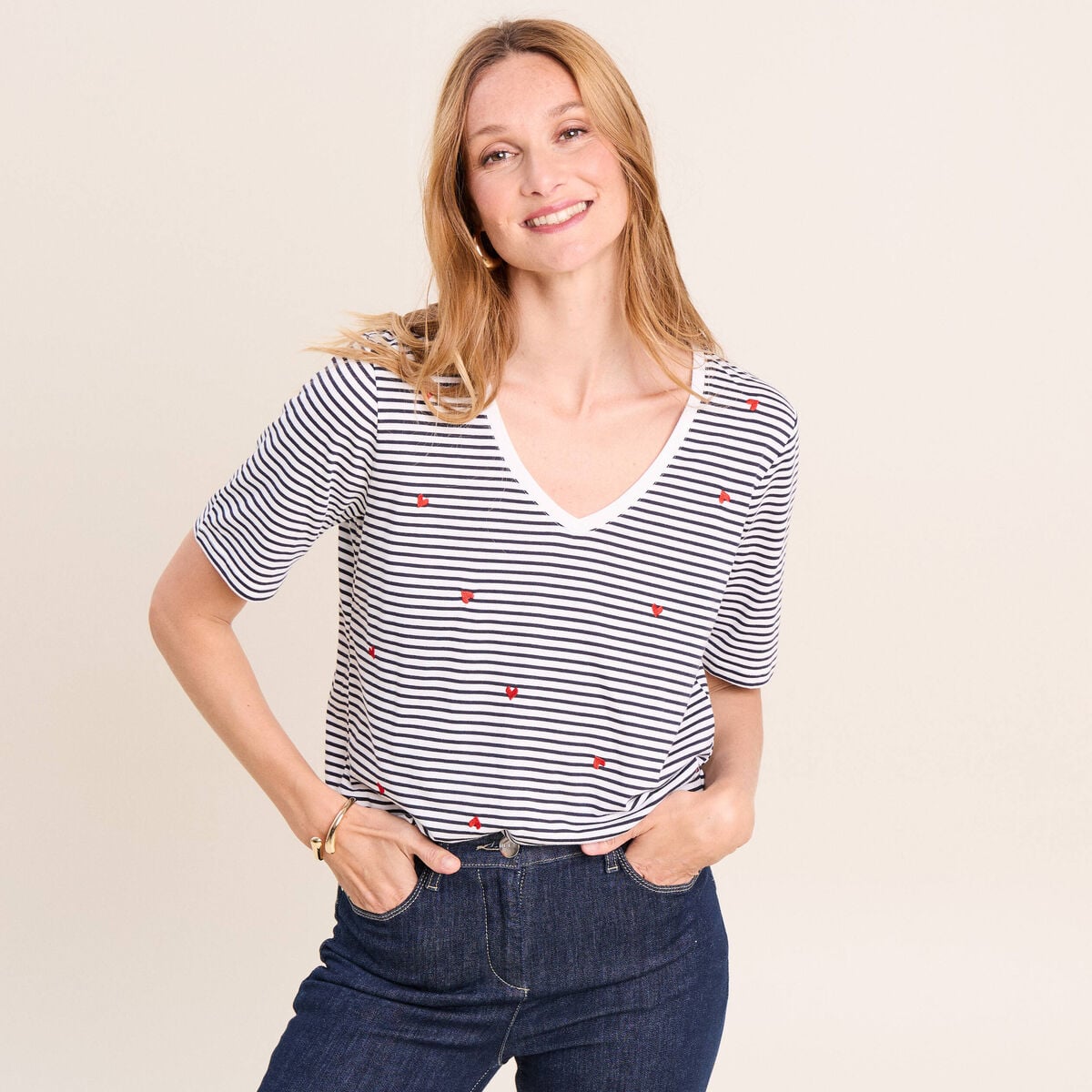 T-shirt droit broderie manches courtes bleu femme