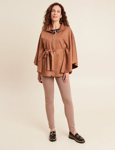 Poncho ceintur&eacute; fermeture zipp&eacute;e marron clair femme