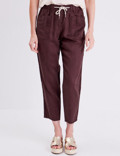 Pantalon battle en lin marron foncé femme