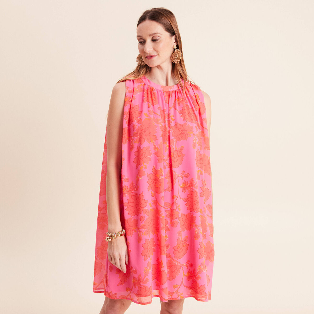 Robe ample courte sans manches doubl&eacute;e rose femme