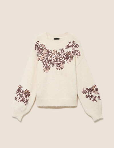 Pull col rond brod&eacute; &agrave; sequins ecru femme